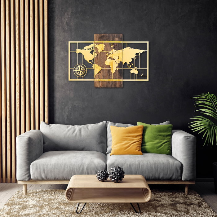 Wallity World Map With Compass - Gold Wallity World Map With Compass - Gold
